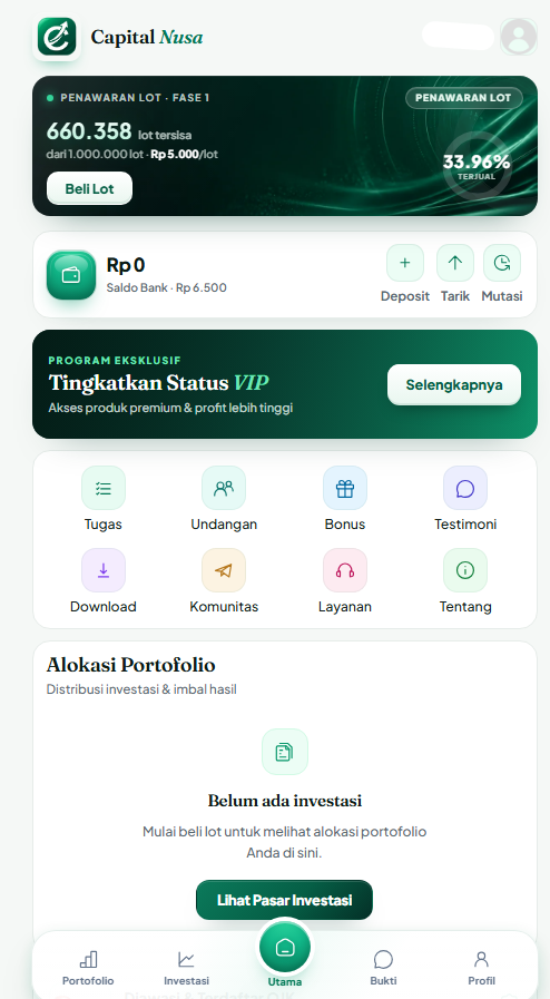 Beranda akun Capital Nusa yang menampilkan saldo serta tombol Deposit, Tarik, dan Mutasi