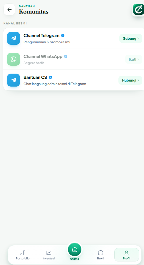 Halaman komunitas Capital Nusa yang menampilkan kanal Telegram, WhatsApp, dan bantuan pelanggan
