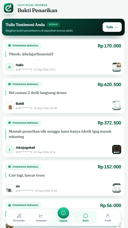 Halaman testimoni internal Capital Nusa yang menampilkan beberapa klaim penarikan berhasil
