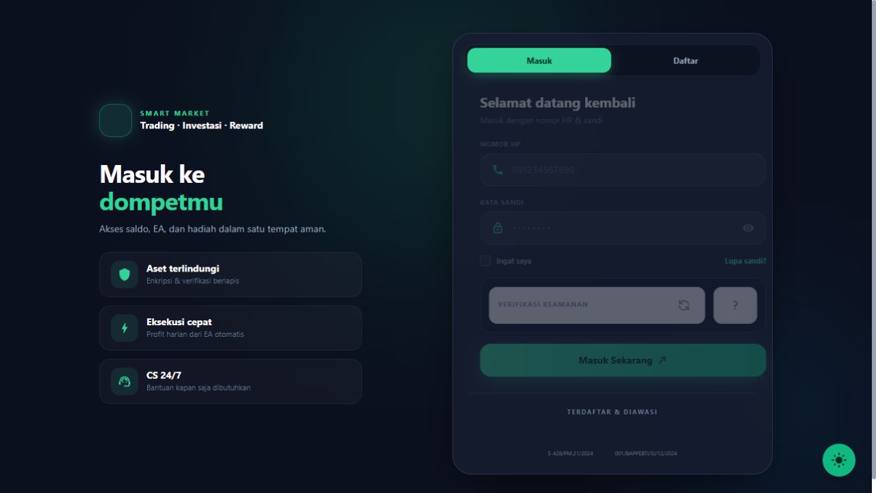 Tampilan halaman login publik Smart Market pada 18 Agustus 2026